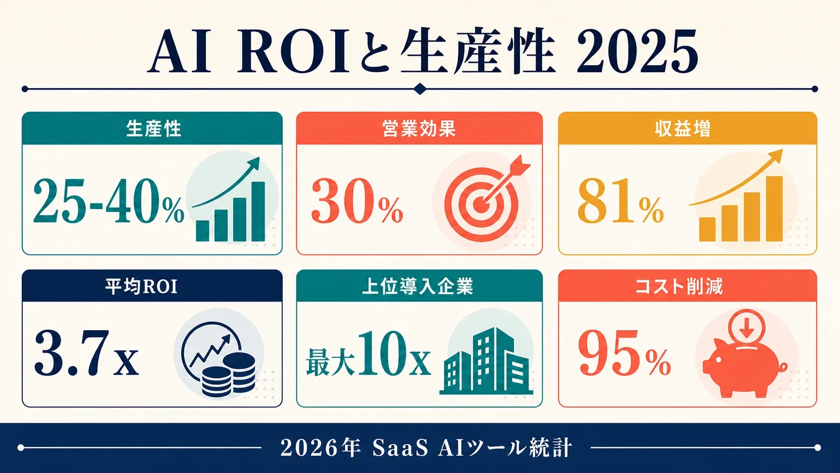 AI ROI and productivity impact 2025 business results infographic with key statistics on productivity, sales, ROI, cost savings, and customer satisfaction.