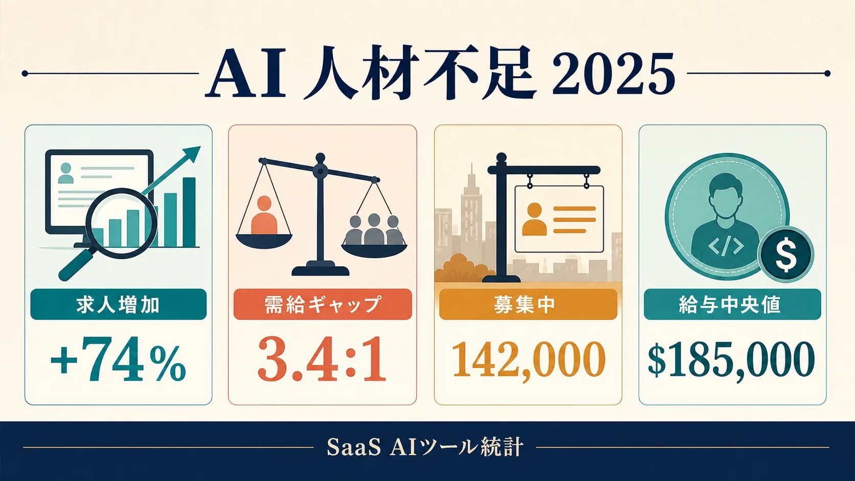AI talent crisis infographic showing 2025 job growth, open positions, supply-demand gap, compensation, and executive concerns.