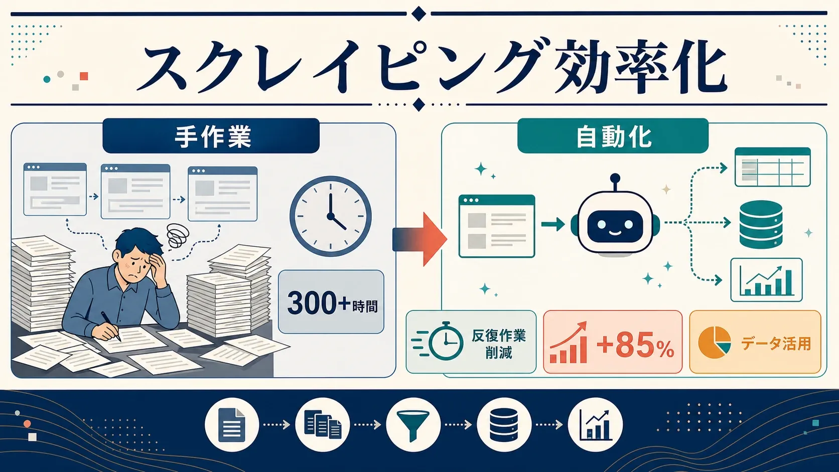 Web scraping efficiency infographic showing automated data collection, 300+ hours saved weekly, and improved data-driven decisions.
