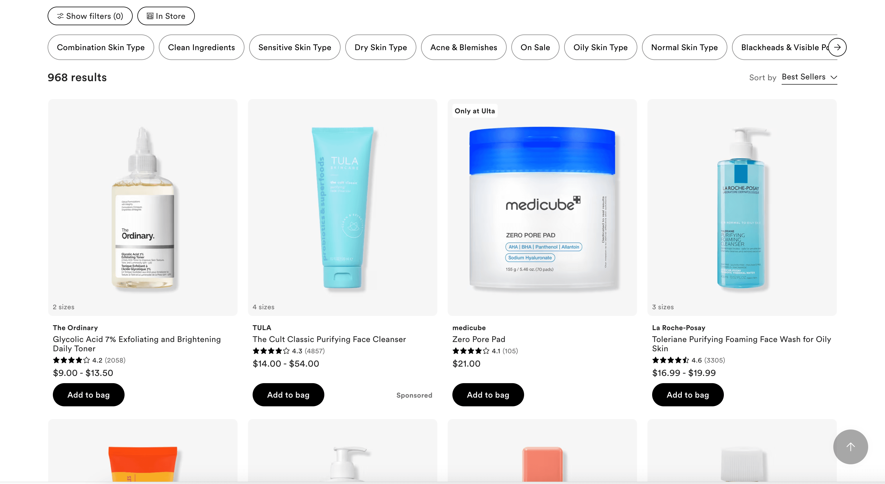 Ulta Skincare Cleansers Listing