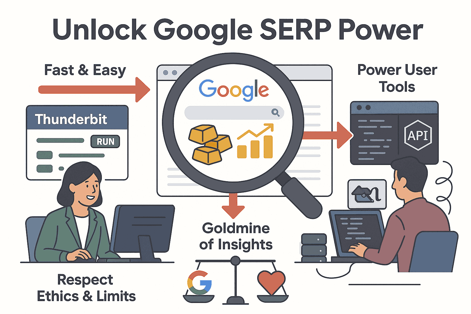 Illustration showing how to unlock insights from Google search results using Thunderbit and API tools, with emphasis on fast, ethical scraping and data extraction.