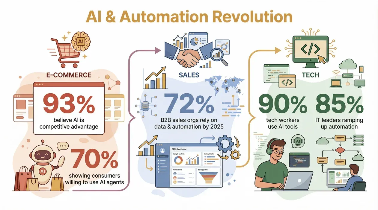 Statystyki rewolucji AI i automatyzacji w e-commerce, sprzedaży i technologii z ilustracjami ikon i procentami.