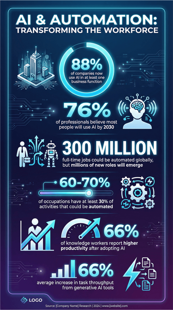 AI and automation workforce transformation statistics infographic with key percentages and icons.