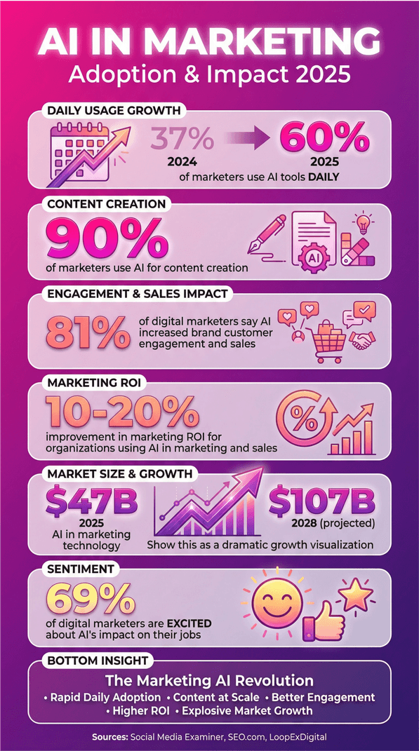 AI in marketing adoption and impact 2025 infographic with statistics on usage growth, content creation, ROI, market size, and sentiment.