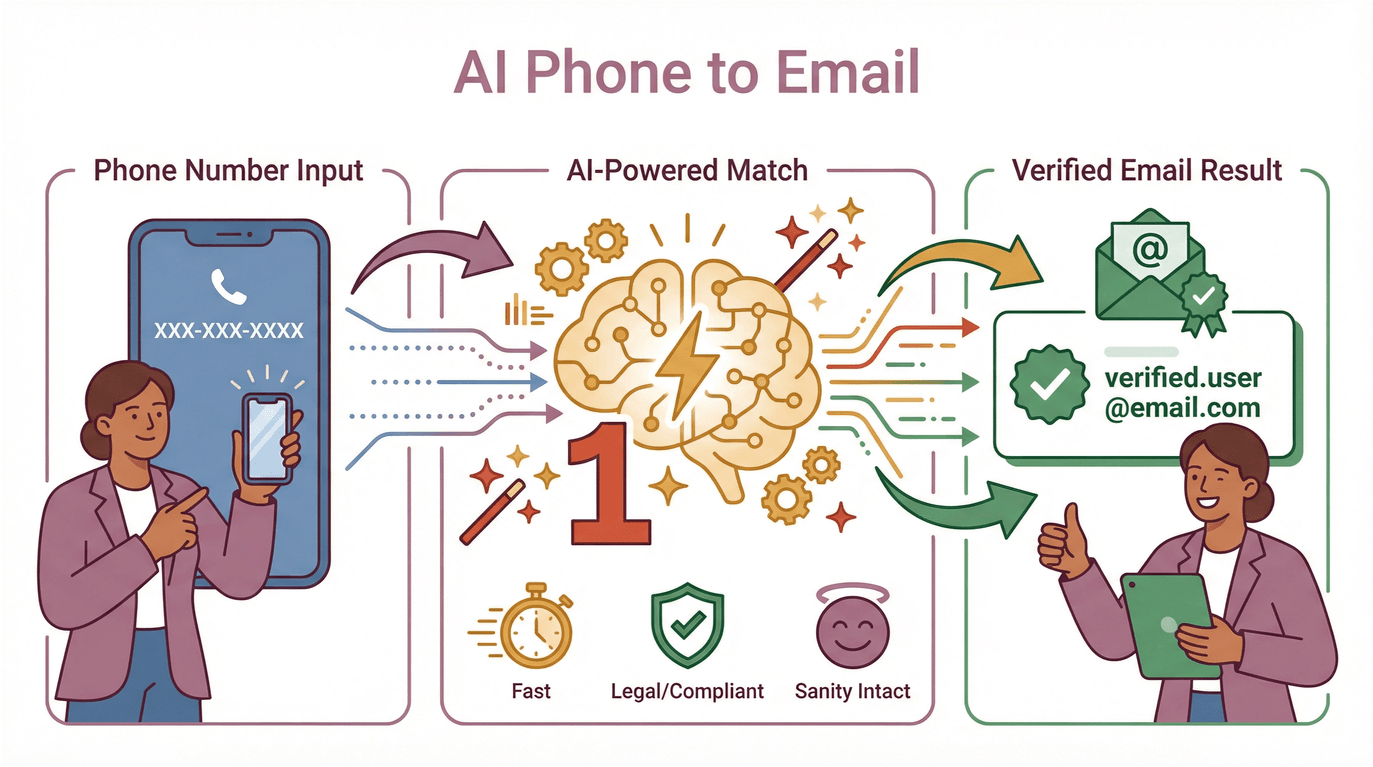 AI Phone to Email process diagram showing phone number input, AI-powered match, and verified email result.