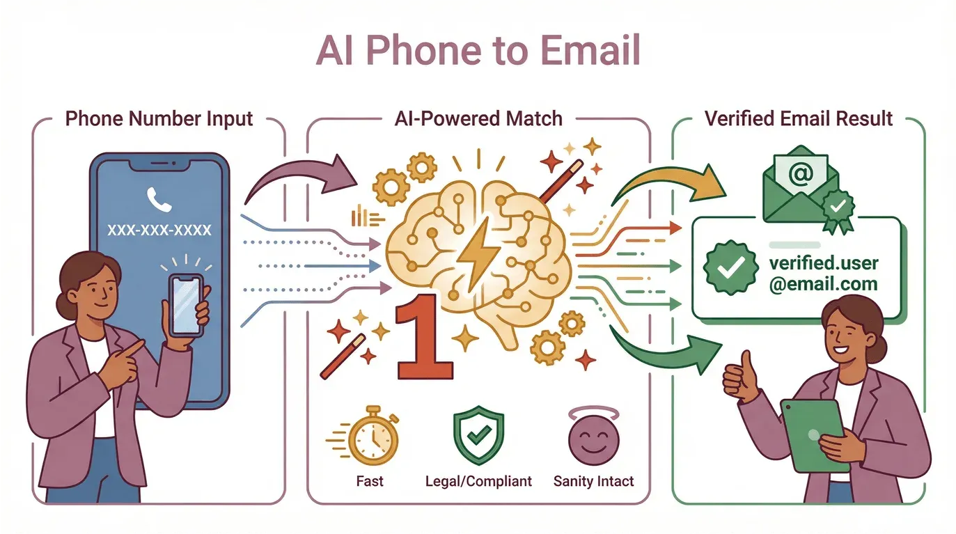 Diagramm des KI-Prozesses „Telefonnummer zu E-Mail“ mit Eingabe der Telefonnummer, KI-gestütztem Abgleich und verifiziertem E-Mail-Ergebnis.