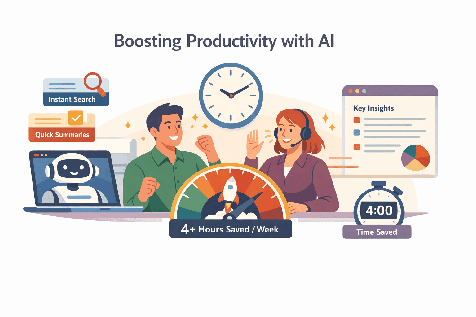 Boosting productivity with AI illustration showing instant search, quick summaries, key insights, and 4+ hours saved per week.