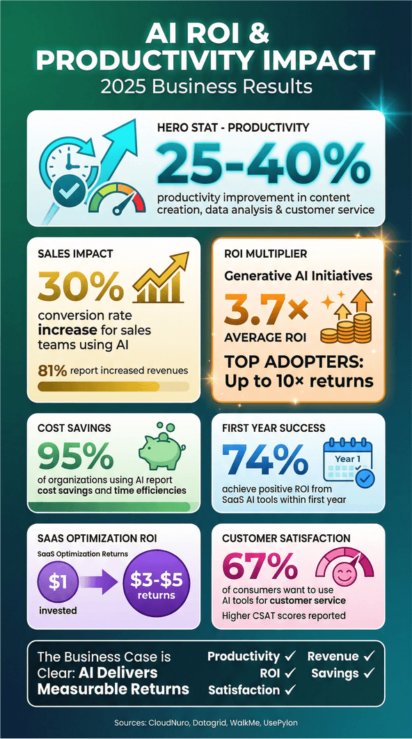 AI ROI and productivity impact 2025 business results infographic with key statistics on productivity, sales, ROI, cost savings, and customer satisfaction.