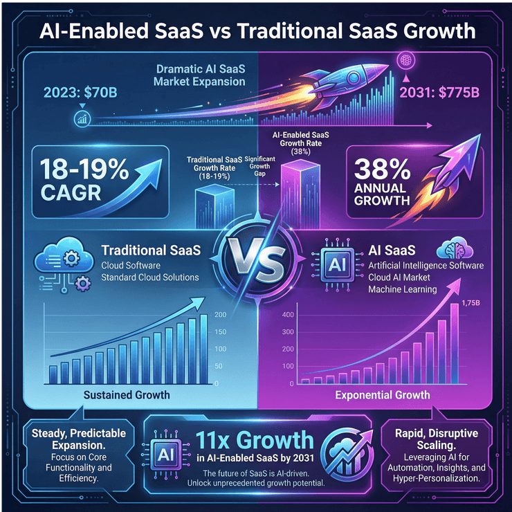 AI-enabled SaaS vs traditional SaaS growth infographic comparing market size, growth rates, and future projections to 2031.