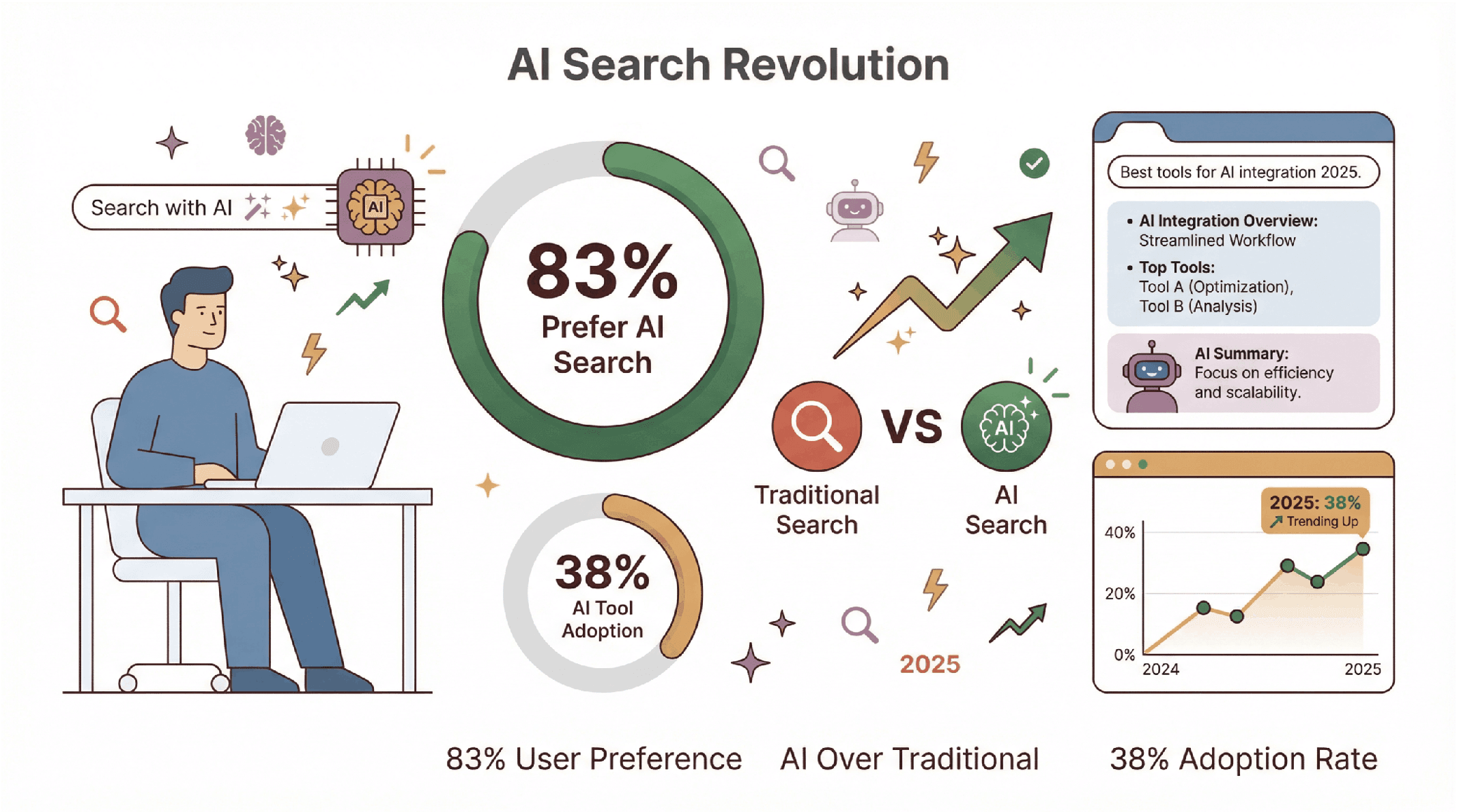 AI search revolution infographic showing 83% user preference for AI search, 38% AI tool adoption, and rising adoption trend to 2025.