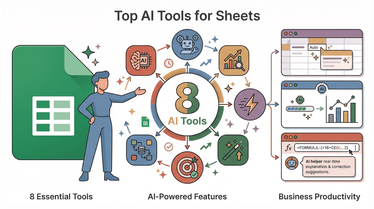 Top AI tools for Google Sheets infographic with icons representing 8 AI-powered features for business productivity.