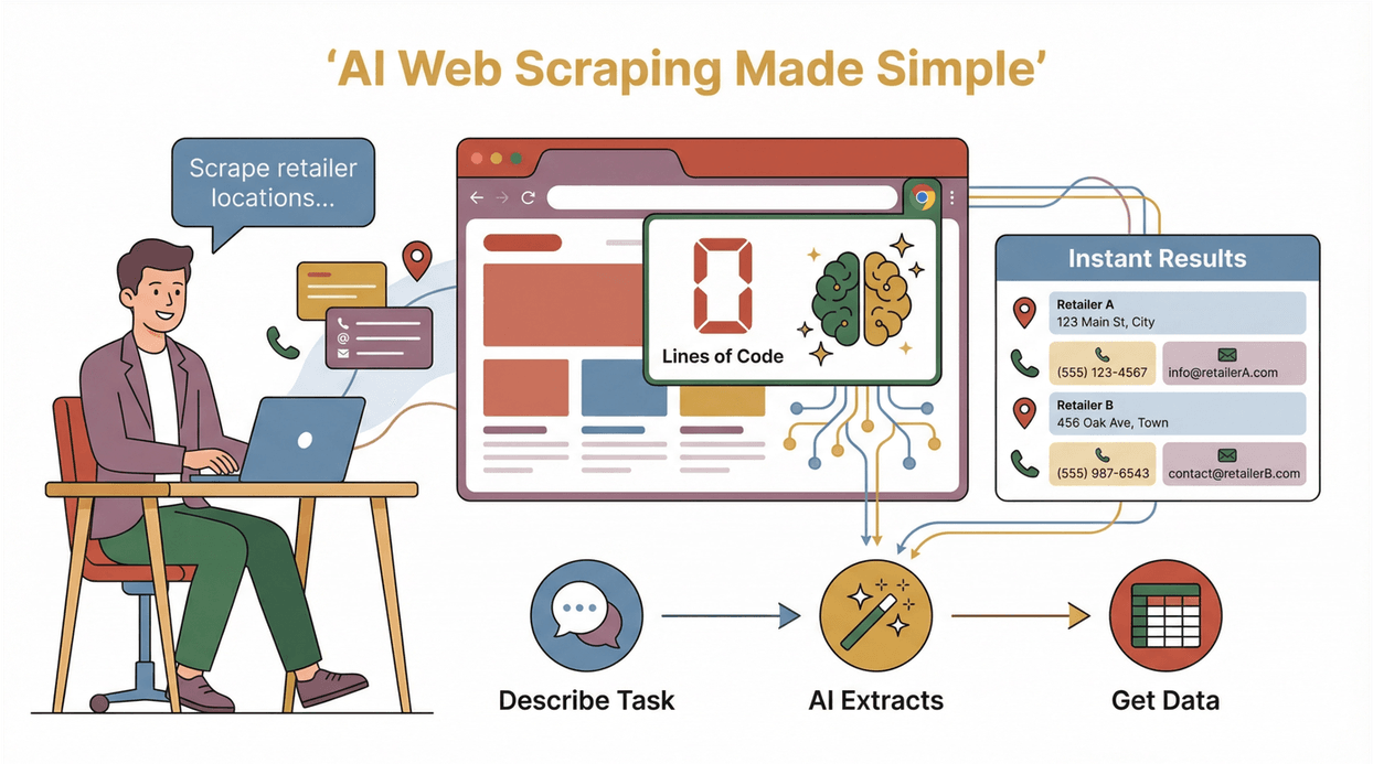 AI web scraping workflow illustration with user describing a task, AI extracting retailer data, and instant results displayed.