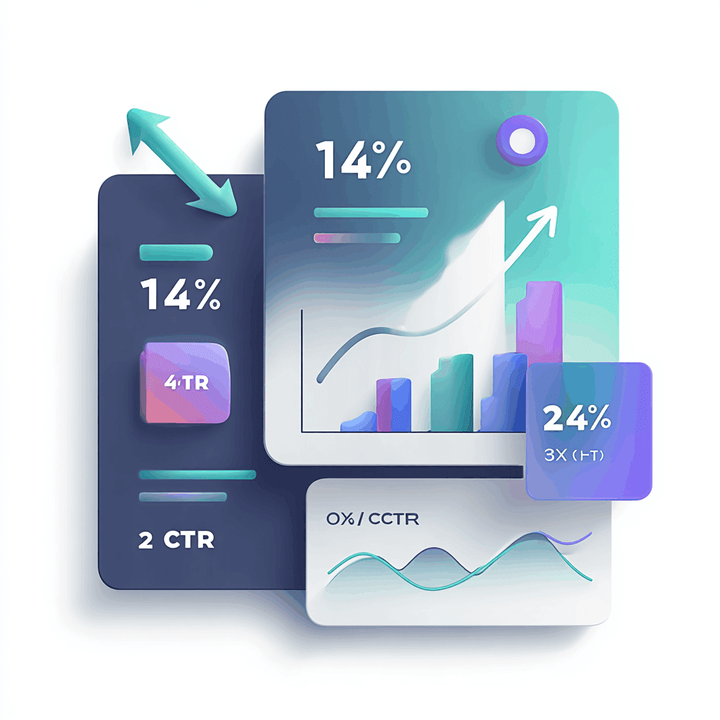 Colorful analytics dashboard with percentage values, bar chart, line graph, and statistic cards.