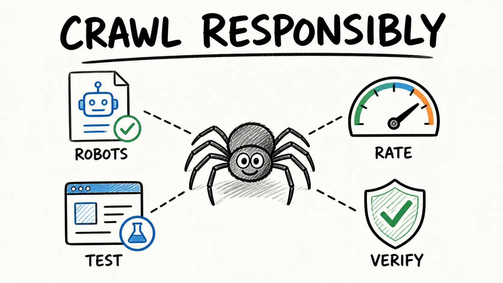 Beginner web crawling checklist covering rendering, robots.txt, rate limits, scope, and validation