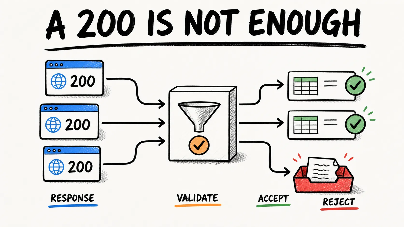 Réponses HTTP 200 passant à travers une validation sémantique pour devenir des résultats acceptés ou rejetés