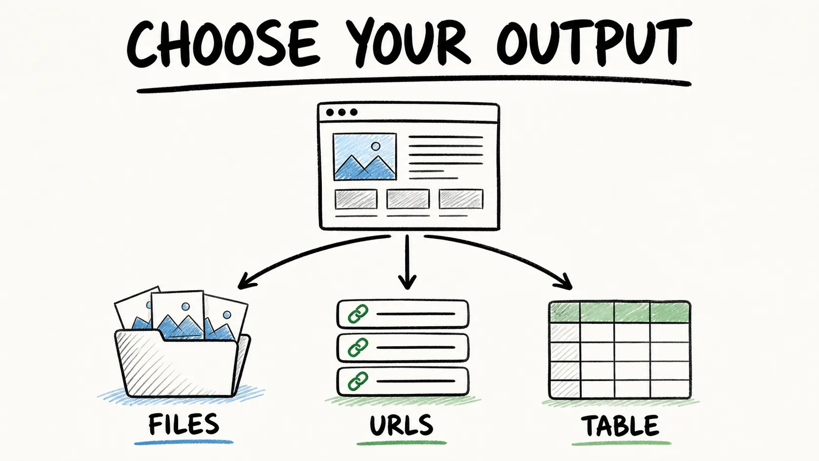 Three image extraction outputs: a file folder, a URL list, and a contextual data table