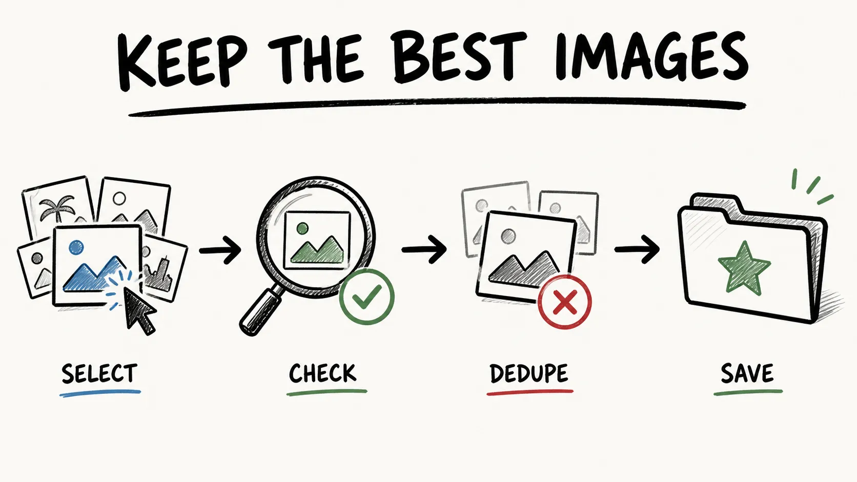 An image quality pipeline moving from discovery through resolution checks and deduplication