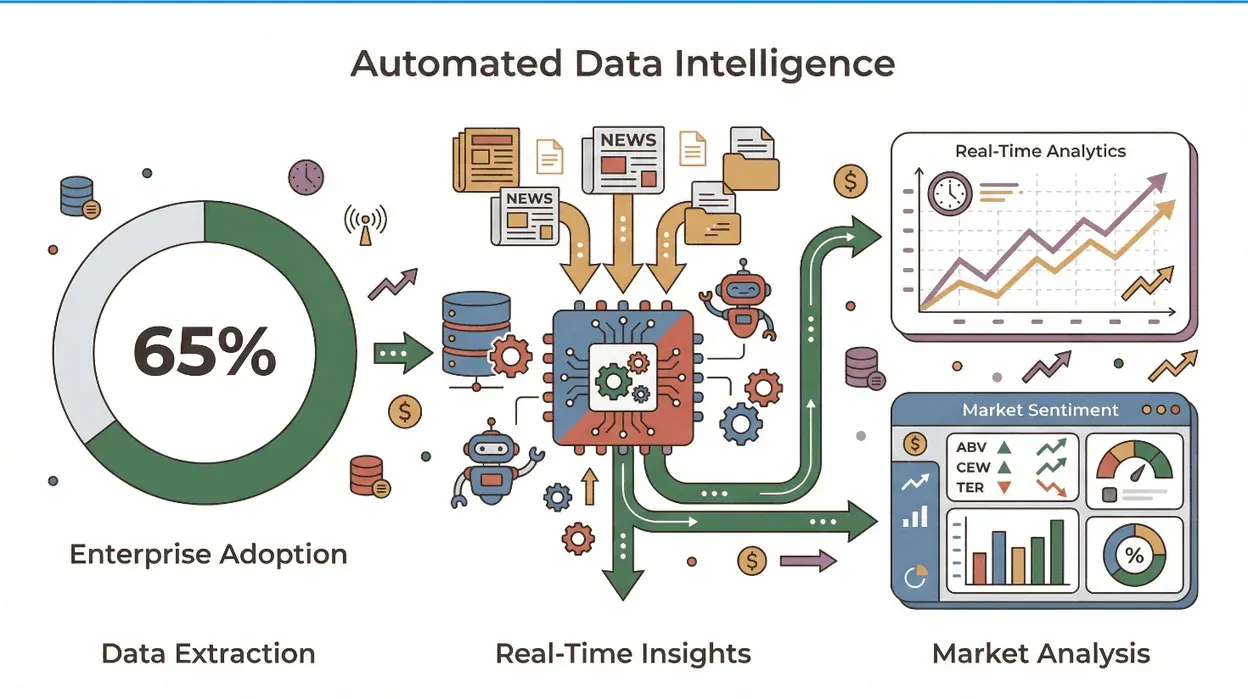  Automated data intelligence workflow with 65% enterprise adoption, showing data extraction, real-time insights, and market analysis.