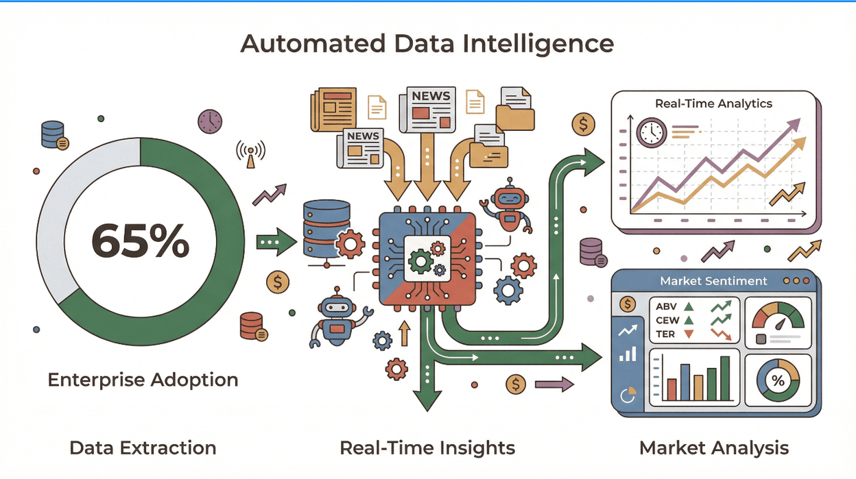 Automated data intelligence workflow with 65% enterprise adoption, showing data extraction, real-time insights, and market analysis.