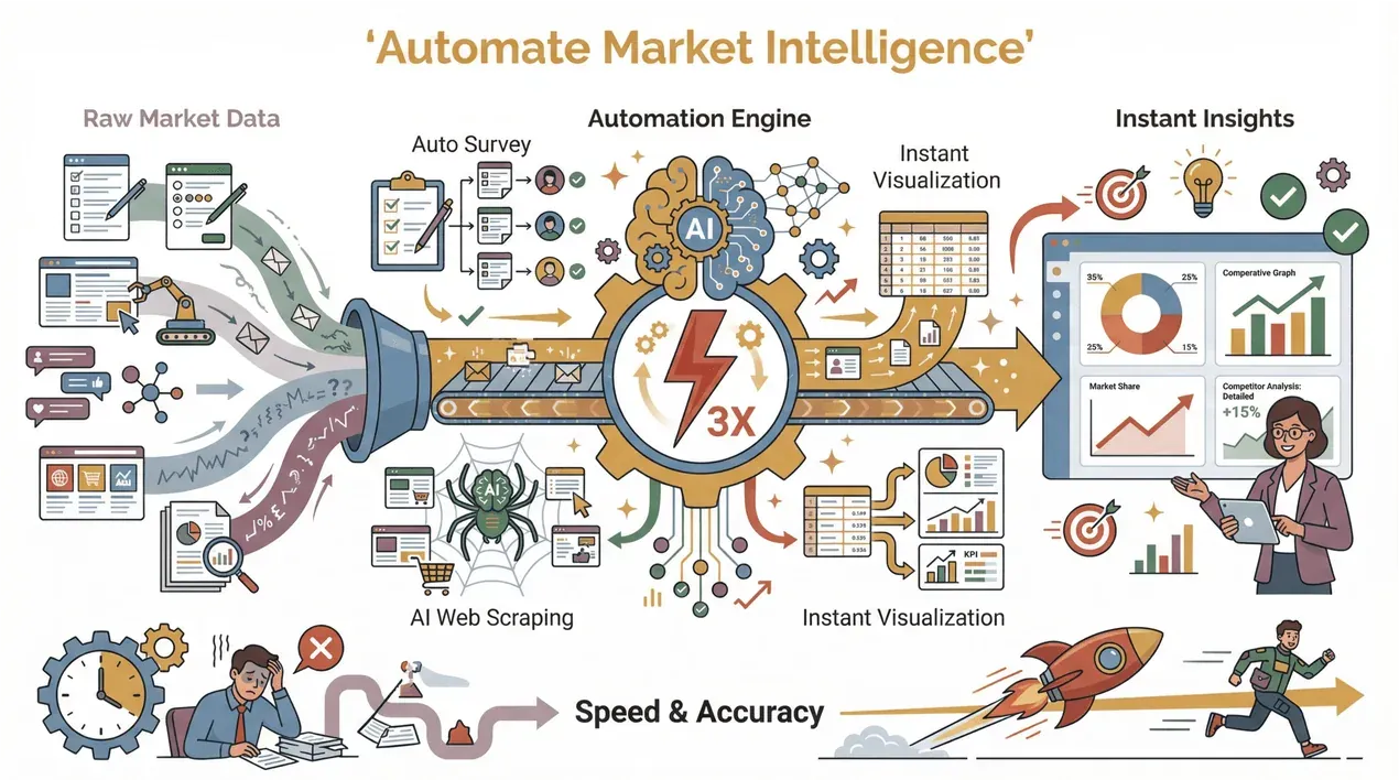 Automate market intelligence workflow showing raw data processed by AI automation into instant business insights and visualizations.