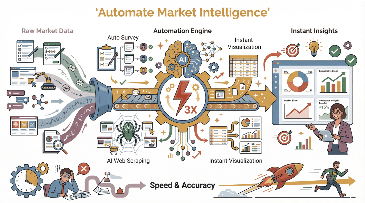 Automate market intelligence workflow showing raw data processed by AI automation into instant business insights and visualizations.