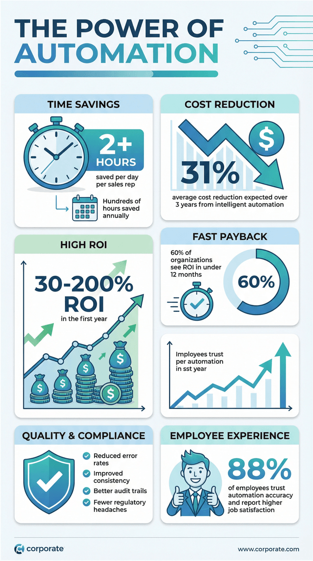 Power of automation infographic showing benefits like time savings, cost reduction, high ROI, fast payback, quality, and employee satisfaction