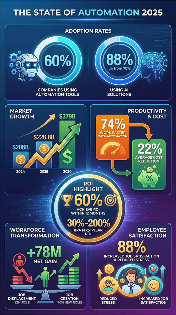 State of automation 2025 infographic showing adoption rates, market growth, productivity, ROI, workforce transformation, and employee satisfaction statistics.