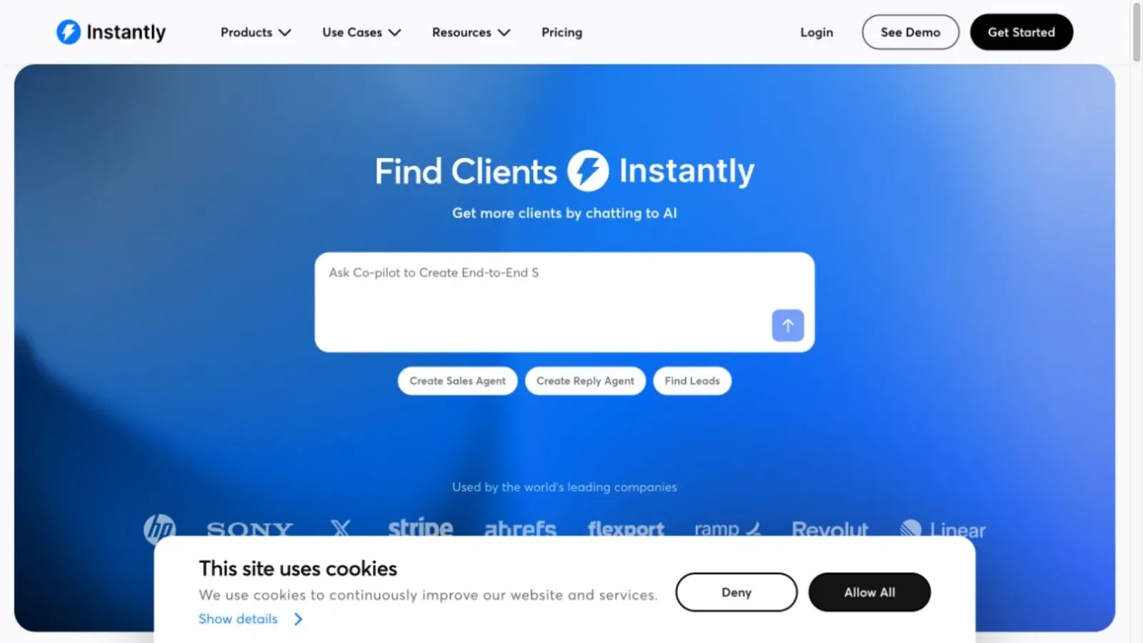 Instantly.ai 官方网站截图，拍摄于 2026 年 8 月 13 日
