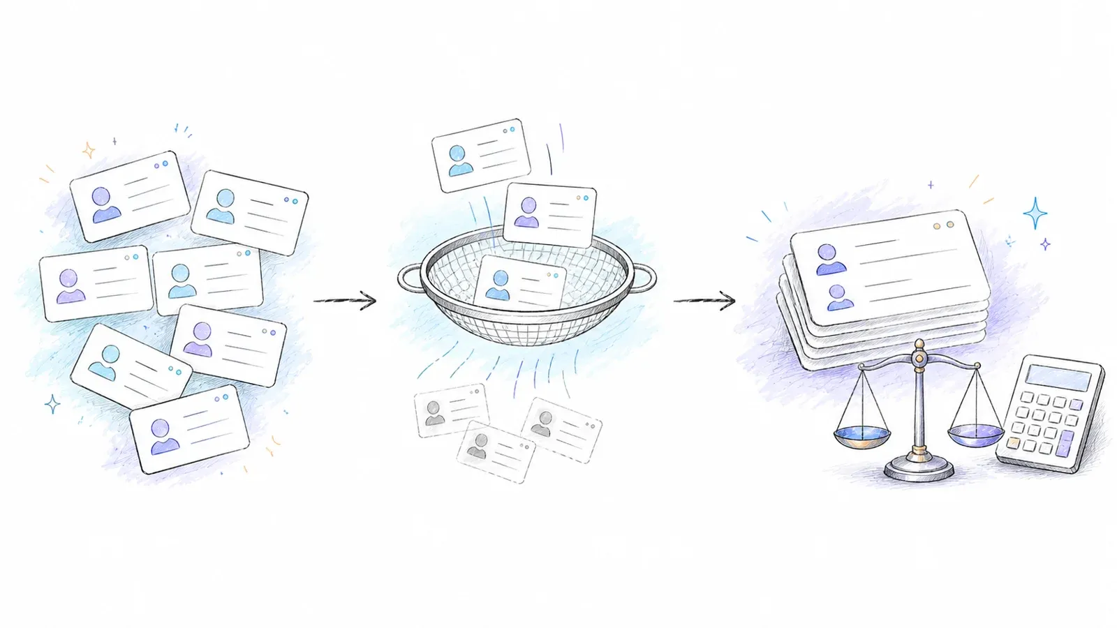 Contact cards being filtered into a smaller verified stack to illustrate cost per usable contact