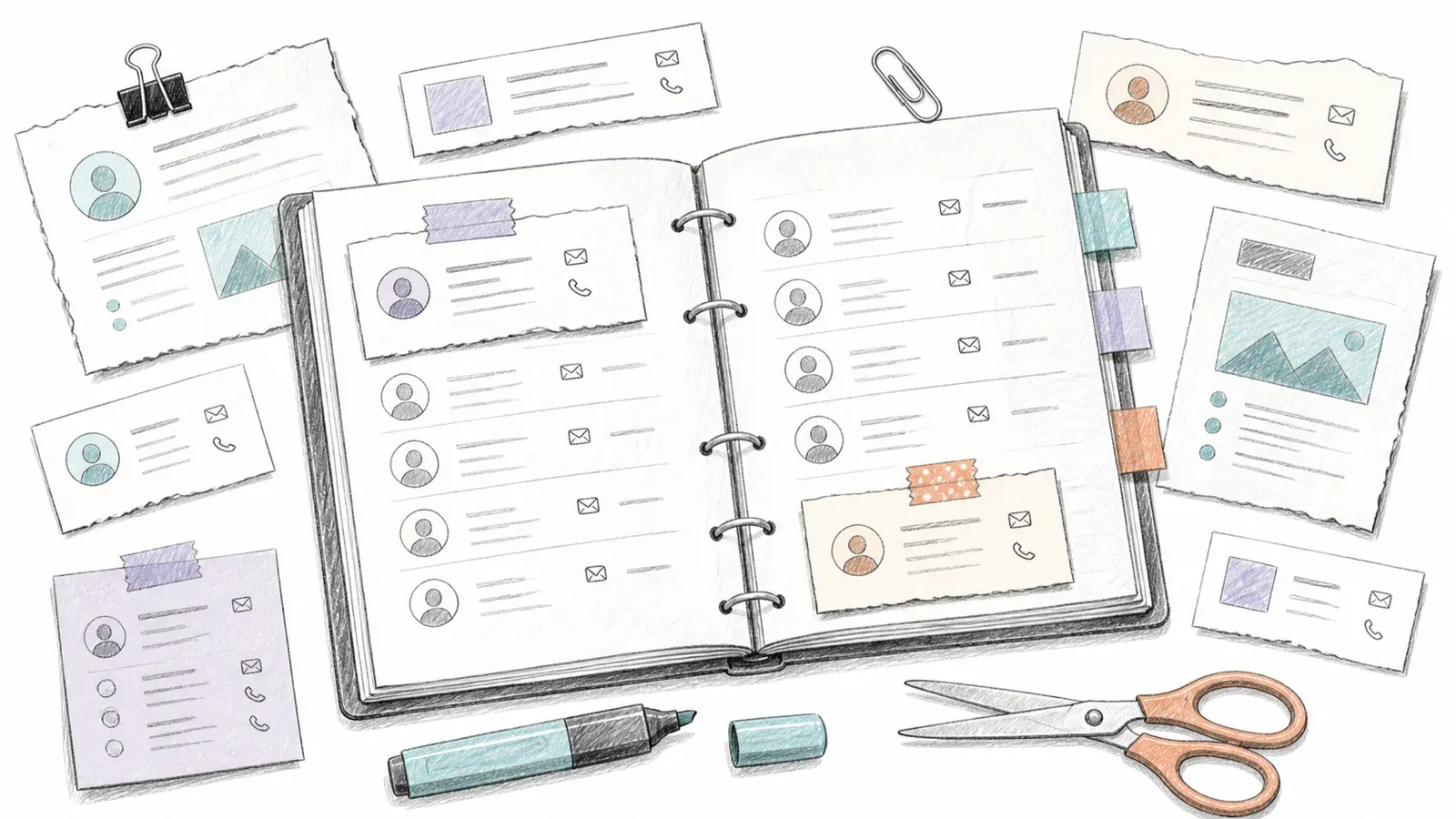 Research scrapbook organizing scattered website contact clues into a structured contact notebook