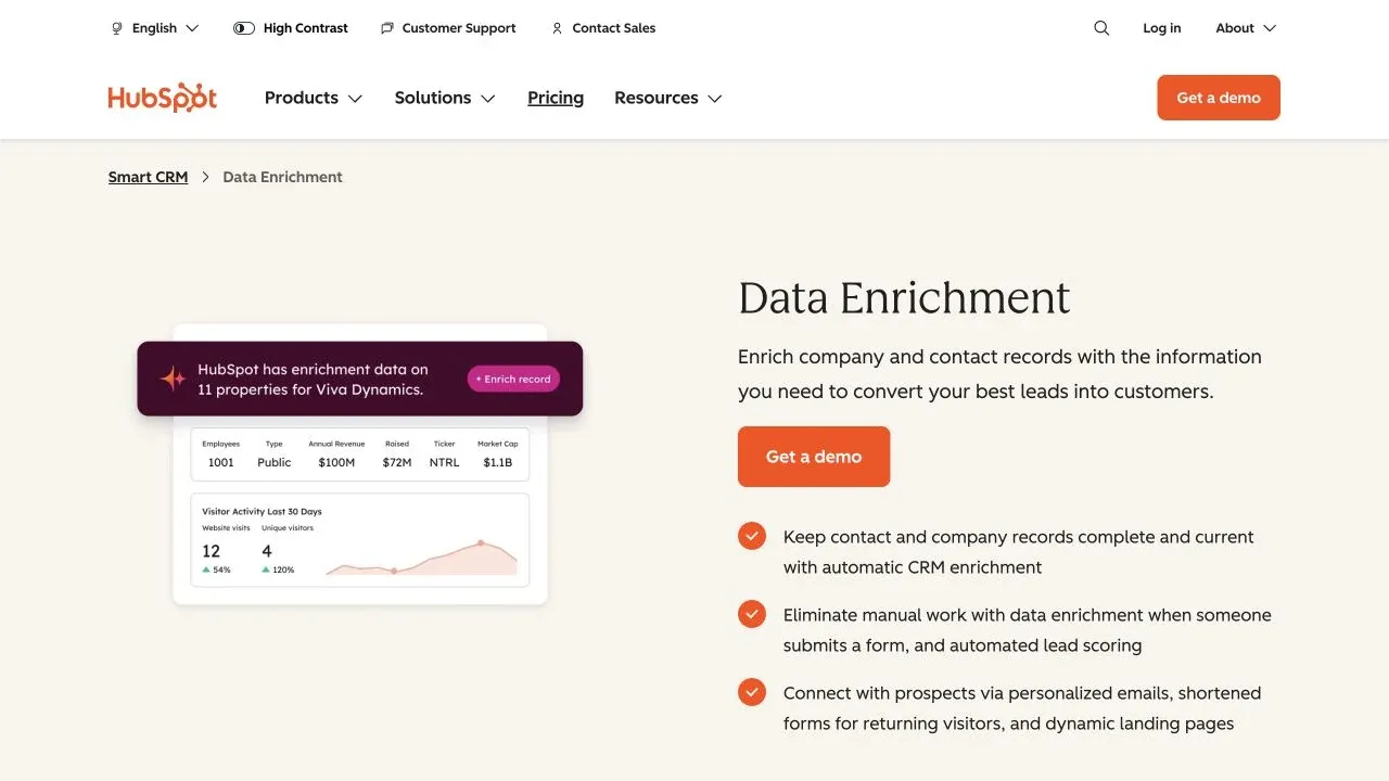 Official HubSpot Data Enrichment website screenshot