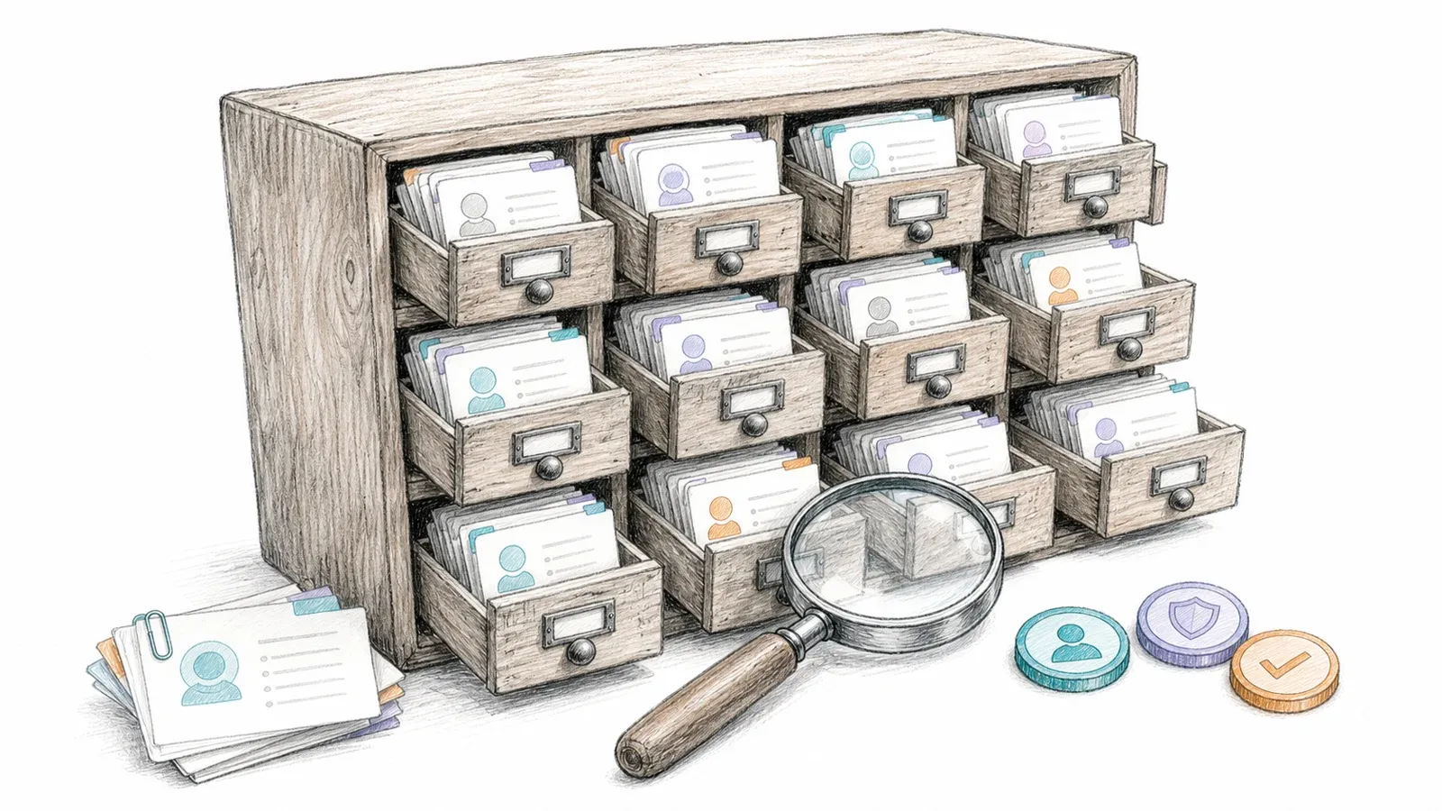 Card catalog of contact dossiers representing a broad comparison of data providers