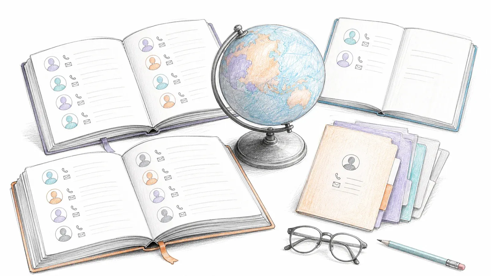 Globe surrounded by contact books with uneven record density to show regional coverage differences