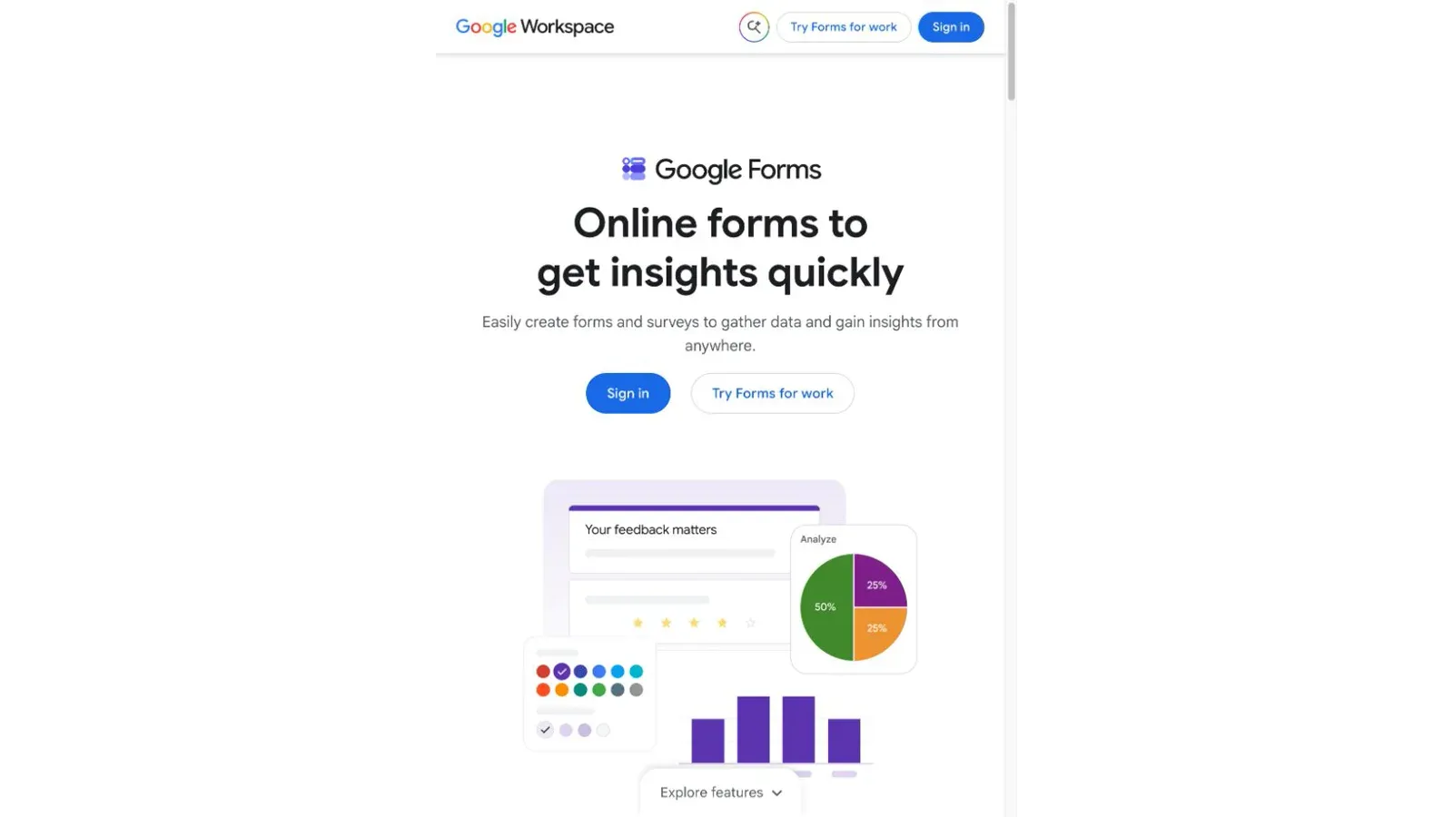 Snímek oficiální webové stránky Google Forms pořízený 13. srpna 2026