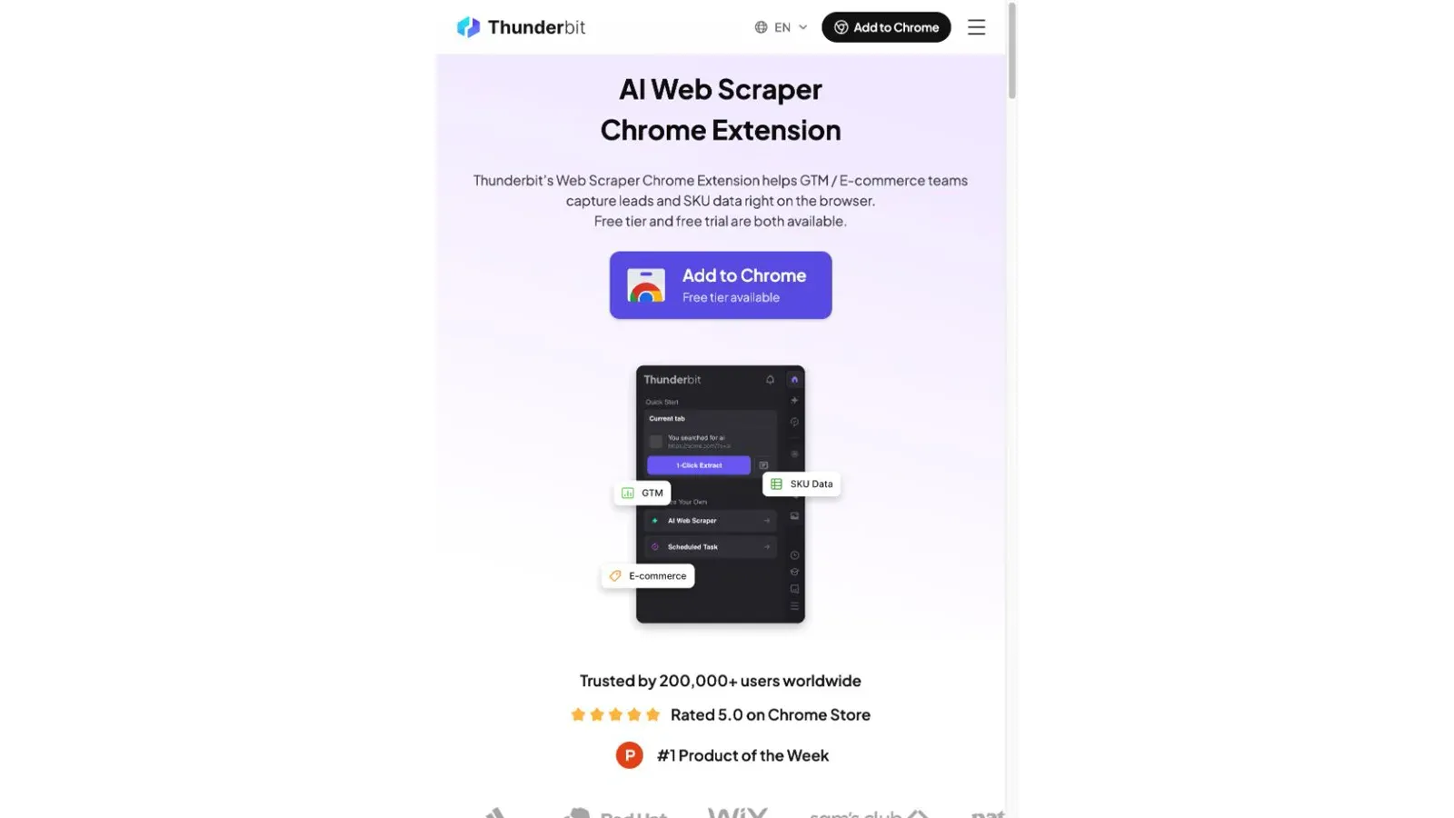 Snímek oficiální webové stránky Thunderbit pořízený 13. srpna 2026
