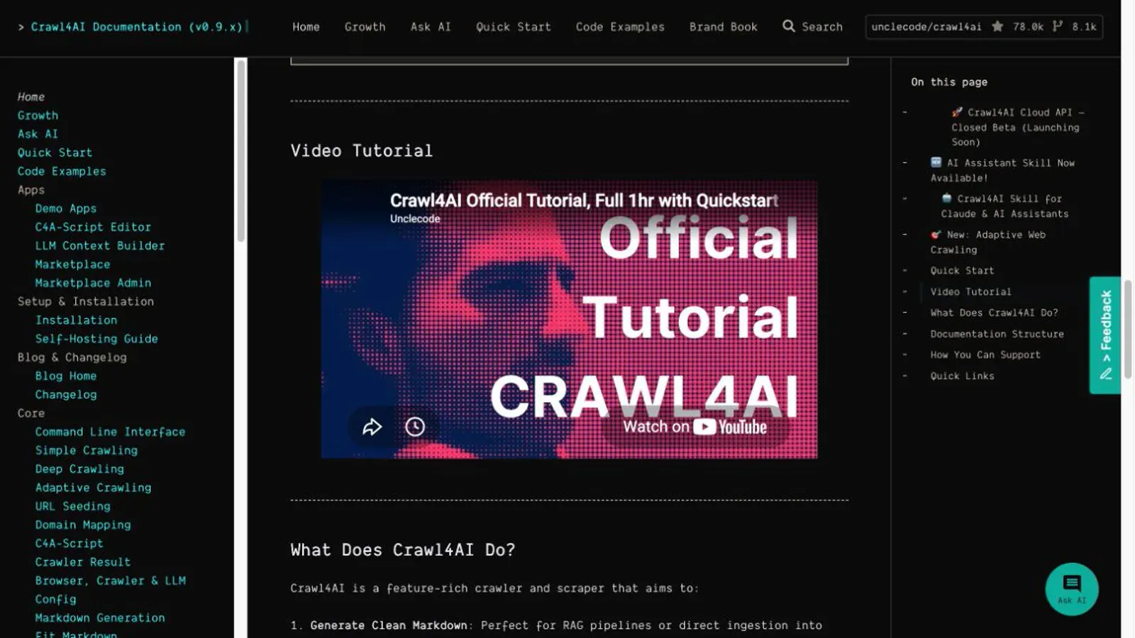 Zrzut ekranu oficjalnej strony produktu Crawl4AI wykonany 13 sierpnia 2026