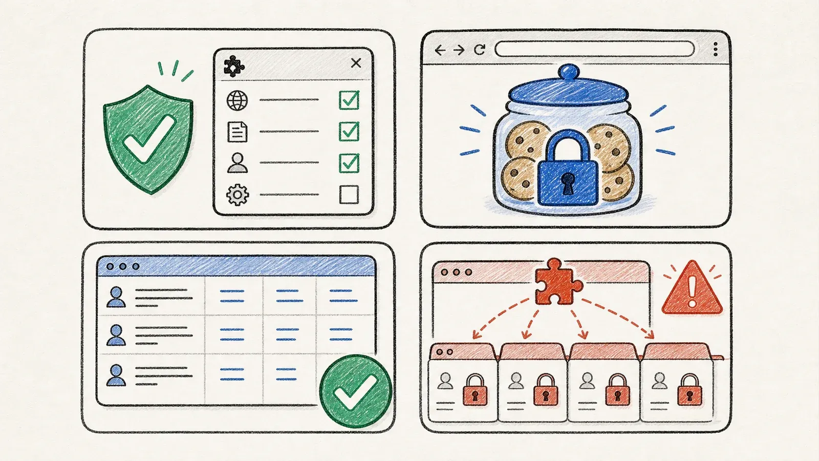 Hand-drawn cards contrasting scoped plugin permissions with risky access to multiple logged-in tabs