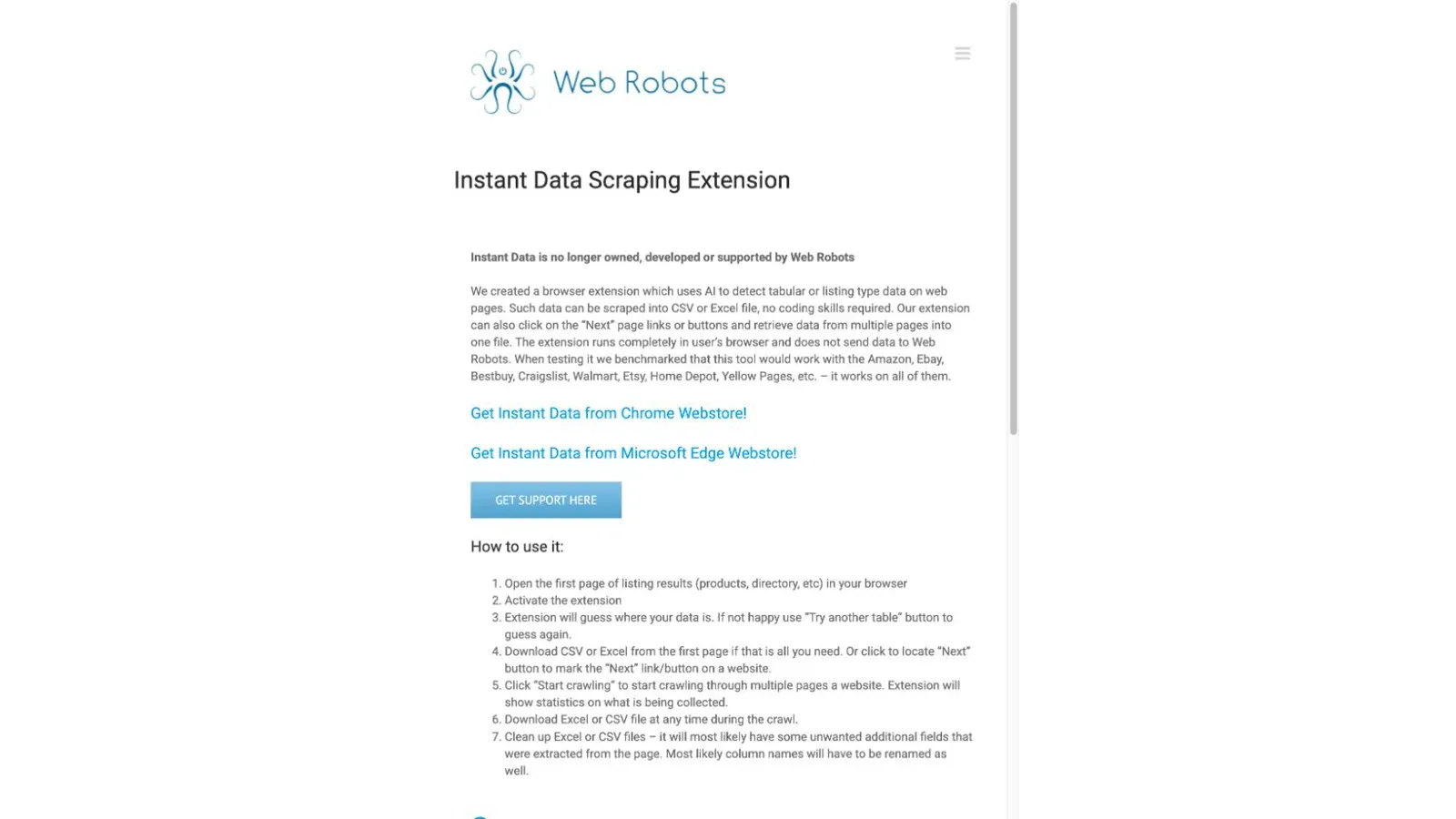 Instant Data Scraper official website screenshot captured on August 13, 2026