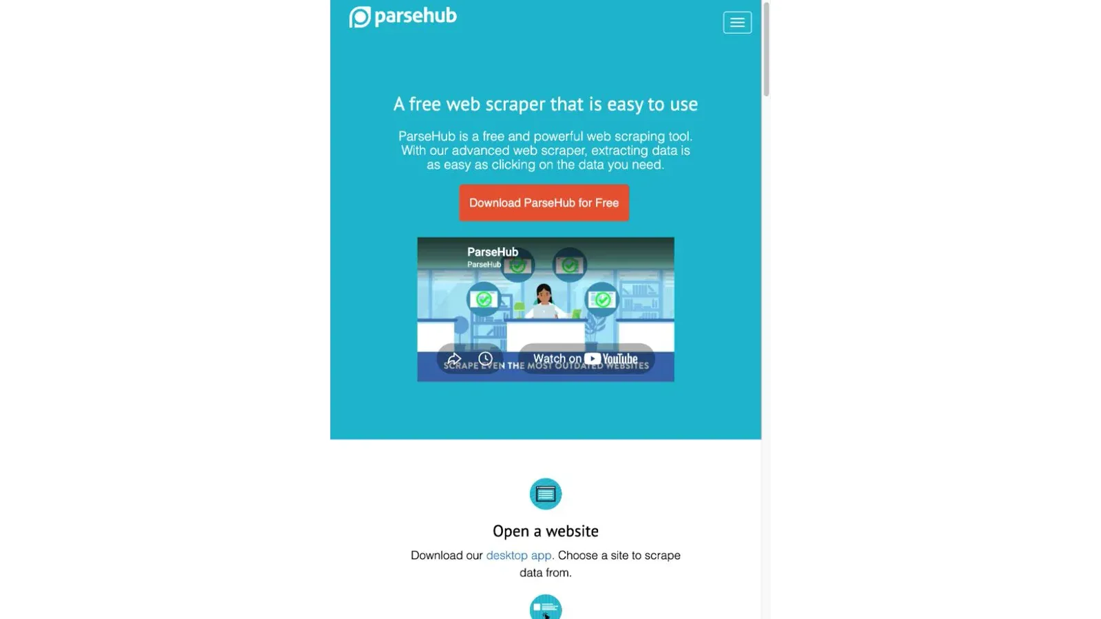 ParseHub official website screenshot captured on August 13, 2026