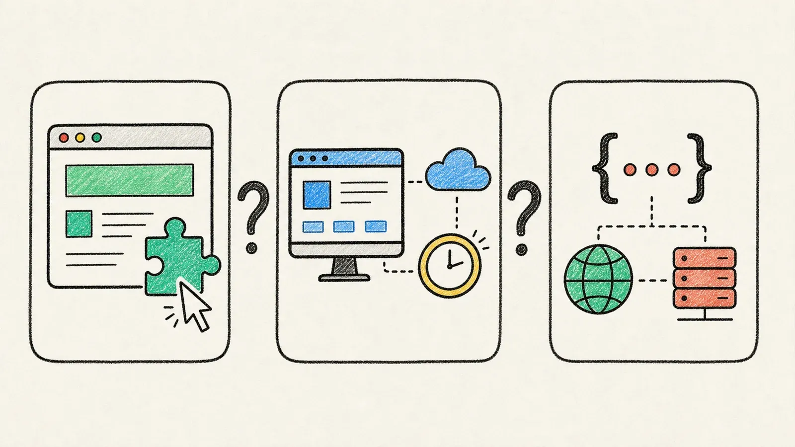 Hand-drawn cards comparing browser extensions, desktop and cloud no-code tools, and scraper APIs