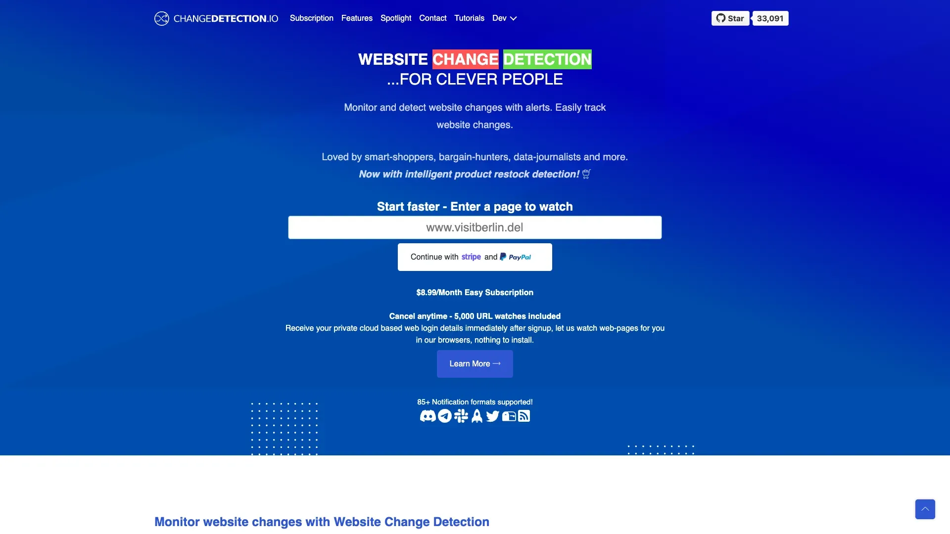 Official changedetection.io website screenshot