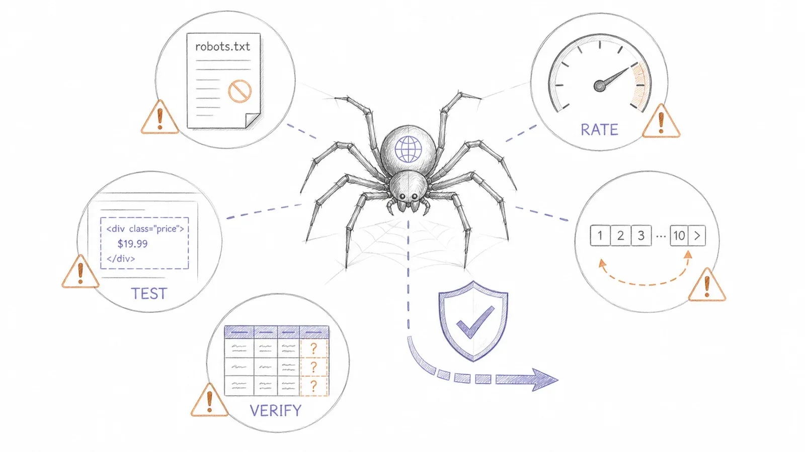 Beginner web crawling checklist covering rendering, robots.txt, rate limits, scope, and validation