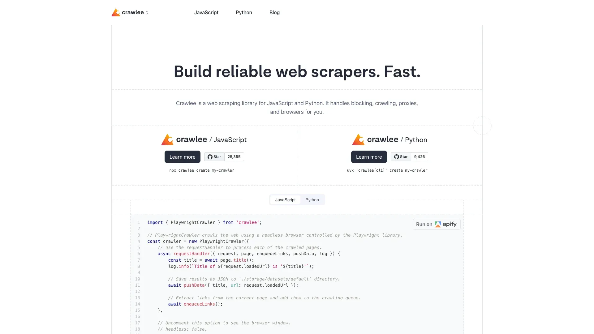 Official Crawlee website screenshot