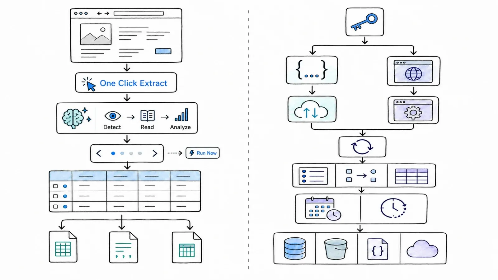 Agentic browser-to-table and API-stack workflows