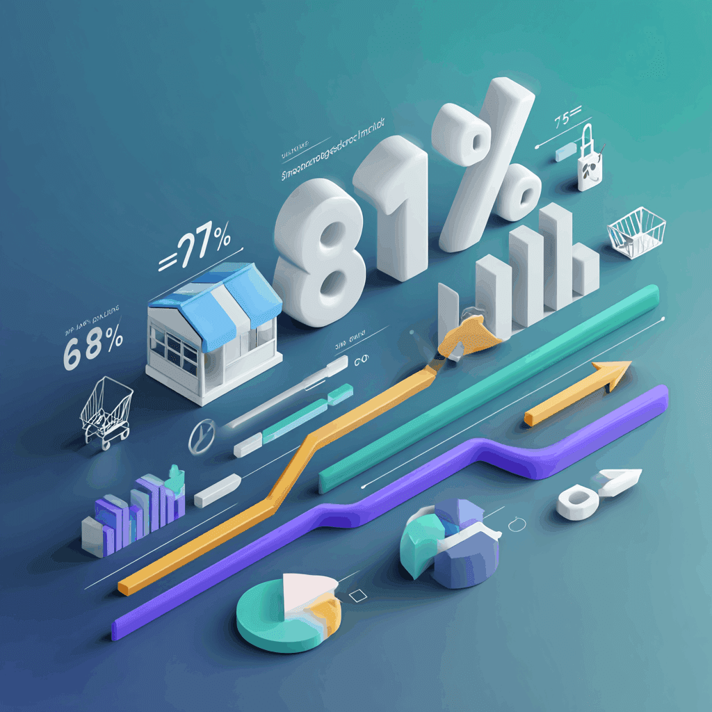 3D business analytics dashboard with large "81%" statistic, charts, graphs, and retail icons.