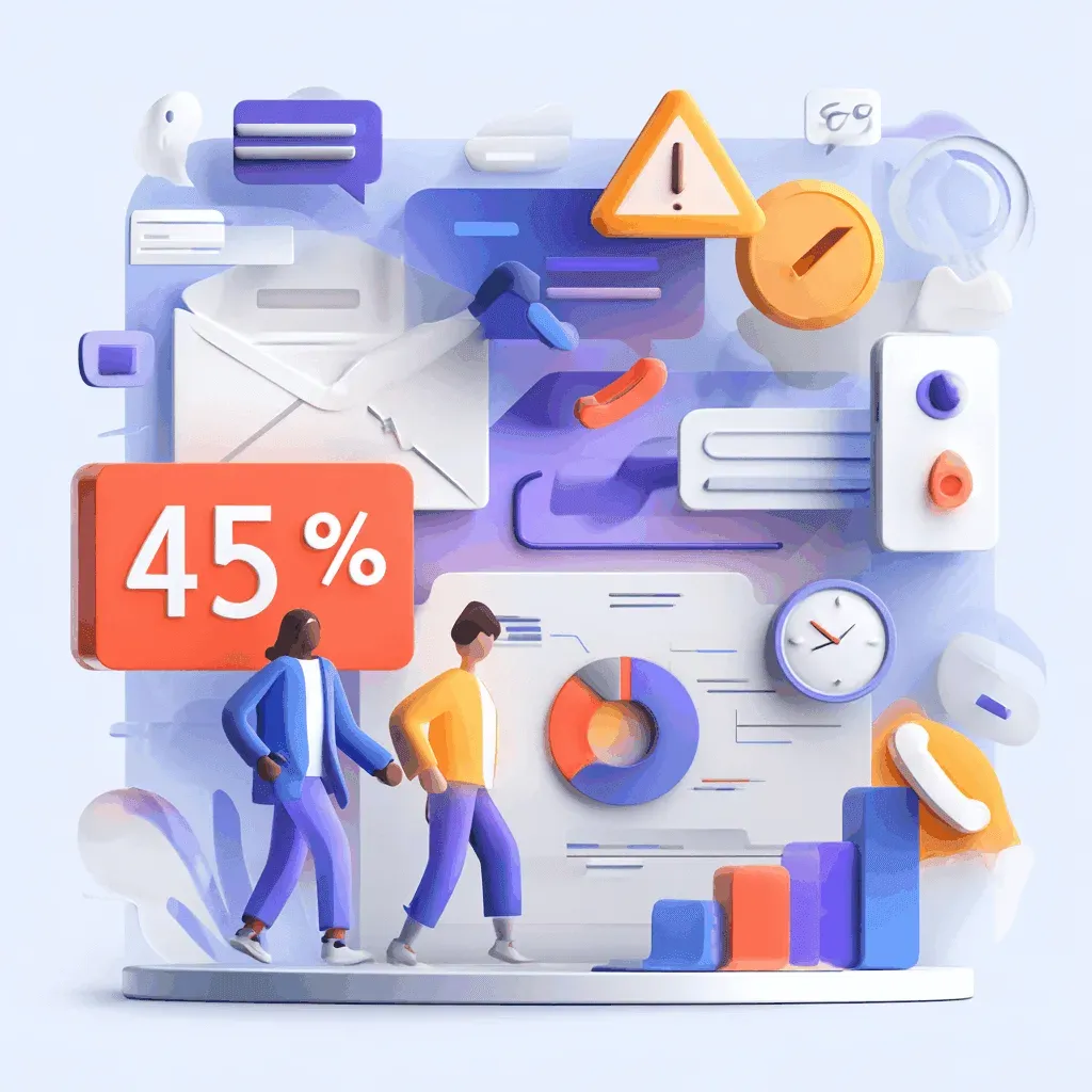 Business analytics dashboard with charts, a 45% statistic, envelope, clock, warning icon, and two illustrated people.
