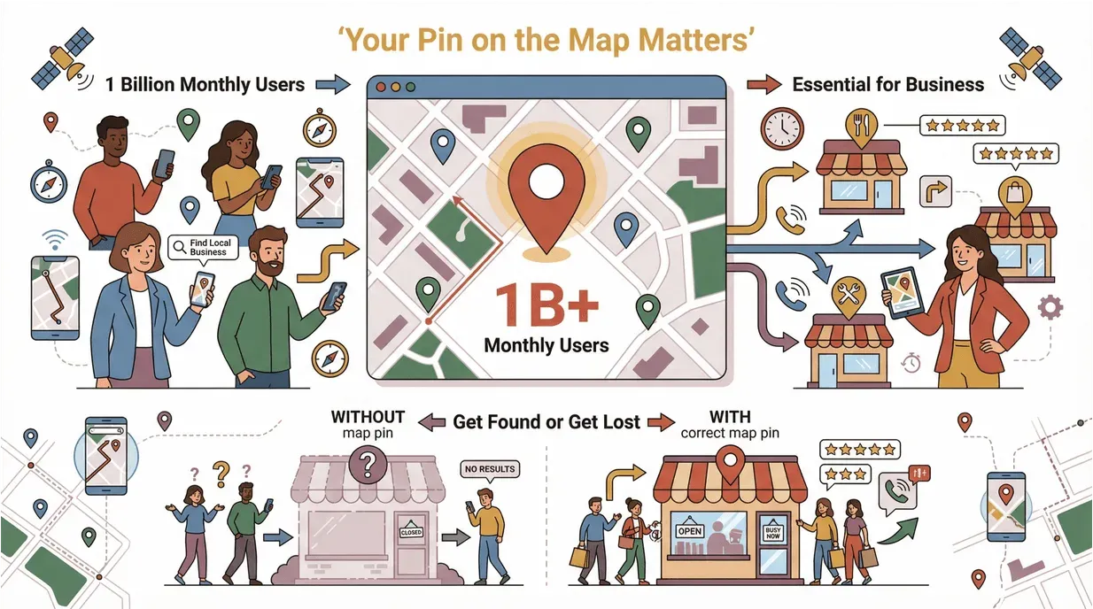Business map pin importance infographic showing user searches, business benefits, and outcomes with or without correct map pin.