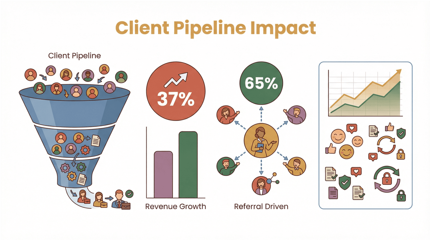 Client pipeline impact infographic with funnel, revenue growth, referral rate, and performance icons.