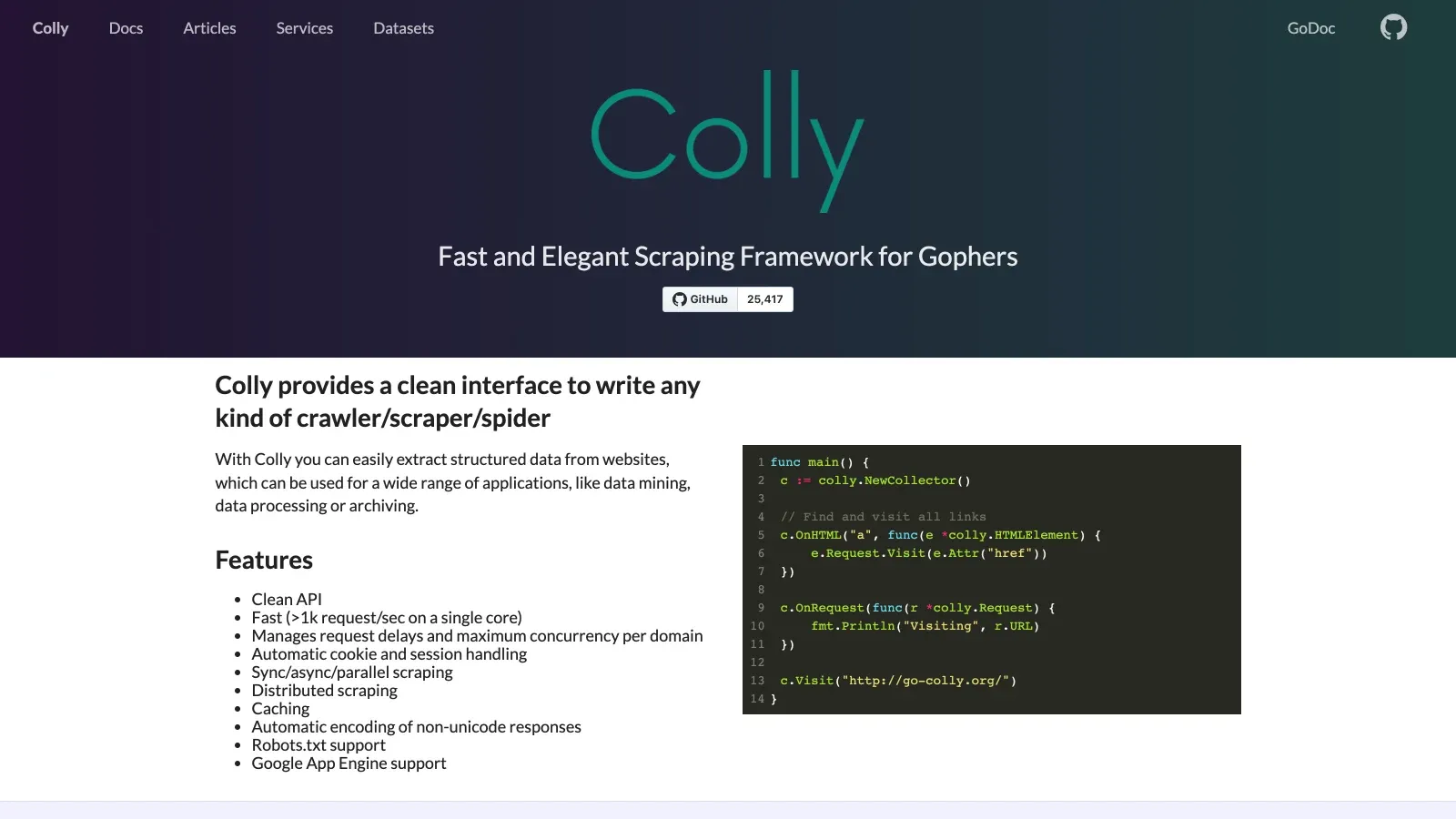 Colly official website screenshot