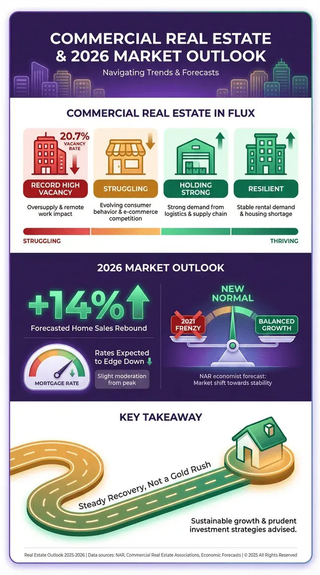 Commercial real estate and 2026 market outlook infographic with trends, forecasts, and key takeaway of steady recovery.